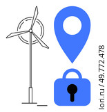Wind turbine beside a blue location marker and lock, emphasizing renewable energy, secure services, and pinpointing locations. Ideal for green energy concepts, security, geolocation, modern design. Renewable Energy, Location Services, and Security Symbol Design. Стоковая иллюстрация, агентство Ingram Publishing / Фотобанк Лори