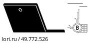 Black laptop silhouette with prominent Bitcoin symbol emerging from right side. Ideal for technology, cryptocurrency, blockchain, finance, digital economy. Minimalist, modern, clean style. Silhouette of a Laptop with Bitcoin Symbol and Circuit Design Concept. Стоковая иллюстрация, агентство Ingram Publishing / Фотобанк Лори