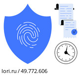 A blue shield with a fingerprint, documents with checkmarks, and a clock. Ideal for cyber security, authentication, time management, data protection, and regulatory compliance themes. Minimalist. Digital Security Fingerprint with Documents and Clock in Minimalist Design. Стоковая иллюстрация, агентство Ingram Publishing / Фотобанк Лори