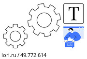 Gears and a text icon next to a simple illustration of a man holding a cashback sign in front of a computer window. Ideal for engineering technology text formatting finance business promotion. Gear Mechanisms Text Icon and Man Holding Cashback Text in Simple Illustration. Стоковая иллюстрация, агентство Ingram Publishing / Фотобанк Лори