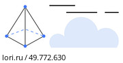 3D pyramid with blue nodes next to a light blue cloud and black lines. Ideal for educational, technology, weather, design, minimalist art, and abstract themes. Simplistic clean style. Geometric Shapes and Cloud with Small Lines in Simple Minimalist Design. Стоковая иллюстрация, агентство Ingram Publishing / Фотобанк Лори