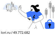 Woman with lightning bolts on her shirt holds her hand up to reject food allergens like milk fish and cheese. Icons of secure food and wheat ears surround her. Ideal for dietary awareness food. Woman Rejecting Food Allergens with Secure Food Elements and Wheat Ears. Стоковая иллюстрация, агентство Ingram Publishing / Фотобанк Лори