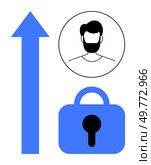 User profile, lock, and a large upward arrow in blue and black. Ideal for cybersecurity, data protection, user authentication, privacy, online security. Clean minimalistic style. Security and Authentication Graphic with User Profile Lock and Upward Arrow. Стоковая иллюстрация, агентство Ingram Publishing / Фотобанк Лори