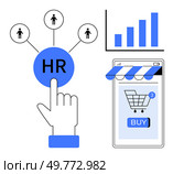 A hand points to an HR button linking to people icons, a bar graph shows growth, and a smartphone displays an online shopping cart. Ideal for HR management, e-commerce, technology, business growth. Hand Pointing to HR Button with Graph and Online Shopping Cart on Smartphone Screen. Стоковая иллюстрация, агентство Ingram Publishing / Фотобанк Лори
