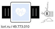 A smartwatch with a heart icon and heartbeat line on its display alongside a circuit-themed Bitcoin icon over a circuit background. Ideal for health apps fintech technology wearables and digital. Smartwatch with Heart Monitor and Blockchain Technology Elements in Minimal Design. Стоковая иллюстрация, агентство Ingram Publishing / Фотобанк Лори