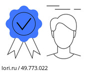 A blue approval badge with a check mark next to the outline of a persons head and shoulders. Ideal for certification, profile verification, identification, approval process, user authenticity. Simple. Certified Profile Silhouette with Approval Badge in Minimalist Style. Стоковая иллюстрация, агентство Ingram Publishing / Фотобанк Лори