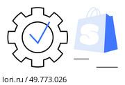 Gear with check mark beside a shopping bag blue icon. Ideal for themes like quality assurance shopping trustworthiness reliability and service verification. Simple modern style. Gear with Check Mark Beside Shopping Bag Symbolizing Verified Quality or Service. Стоковая иллюстрация, агентство Ingram Publishing / Фотобанк Лори