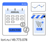 Annual subscription calendar, shopping cart on mobile, and data graph. Ideal for e-commerce, marketing strategies, financial planning, customer engagement, digital business. Simple modern style. Promote Annual Subscription and Online Shopping with Interactive Infographics. Стоковая иллюстрация, агентство Ingram Publishing / Фотобанк Лори