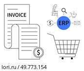 Invoice document with dollar symbol integrated with ERP in blue circle, shopping cart and various business icons. Ideal for business management, financial planning, e-commerce operations, ERP. Business Invoicing and ERP Integration with E-Commerce Elements for Optimized Operations. Стоковая иллюстрация, агентство Ingram Publishing / Фотобанк Лори