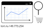 Graph showing upward trend in a browser window with icons of a search magnifying glass and a shopping cart. Ideal for business analytics, market research, e-commerce, online shopping, data. Online Sales Growth Chart with Search and Shopping Cart Icons. Стоковая иллюстрация, агентство Ingram Publishing / Фотобанк Лори