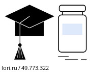 A black graduation cap and a stylized medicine bottle with a label Ideal for, themes of education healthcare medical research academic achievement professional development career growth medicine. Graduation Cap with a Medicine Bottle Symbolizing Education and Healthcare. Стоковая иллюстрация, агентство Ingram Publishing / Фотобанк Лори