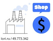 Factory with two chimneys and billowing smoke is paired with a blue speech bubble that says Shop and a dollar sign inside a blue circle. Ideal for manufacturing, e-commerce, business, shopping. Factory and E-commerce Concept with Dollar Sign and Speech Bubble. Стоковая иллюстрация, агентство Ingram Publishing / Фотобанк Лори