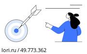 A woman in blue points toward a dart hitting the bullseye of a target. Ideal for goal-setting, motivation, focus, precision, and direction. Simple minimalist style. Woman Pointing Towards Archery Target Symbolizing Aim and Focus. Стоковая иллюстрация, агентство Ingram Publishing / Фотобанк Лори