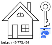 Simple outlined house and large key with a small illustration of a person holding a cash back notice. Ideal for real estate, home ownership, finance, property investment, and mortgage services. Simple Outline of House with Key and Cashback Offer Vector for Real Estate and Home Ownership Themes. Стоковая иллюстрация, агентство Ingram Publishing / Фотобанк Лори