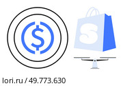Currency symbol within concentric rings next to a shopping bag with a large S on a scale. Ideal for finance, e-commerce, balance, trade, shopping. Vector image in blue and black colours. Simple style. Currency Symbol within Rings Next to Shopping Bag on Scale. Стоковая иллюстрация, агентство Ingram Publishing / Фотобанк Лори