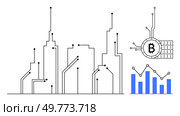 Abstract cityscape represented with circuit-like lines combined with Bitcoin symbol and a blue bar chart. Ideal for cryptocurrency significance technology data analysis finance urbanization digital. Tech Cityscape with Bitcoin and Bar Chart. Стоковая иллюстрация, агентство Ingram Publishing / Фотобанк Лори
