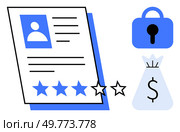 Profile sheet features a star rating system. A secured padlock and money bag icon next to the document. Ideal for business, finance, security, personnel evaluation, and data protection themes. Simple. Profile Document with Star Rating, Money Bag, and Padlock Symbols. Стоковая иллюстрация, агентство Ingram Publishing / Фотобанк Лори