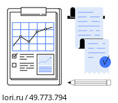 A clipboard with a graph and checklist paper, a rolled-up receipt with a checkmark, and a pencil. Ideal for business reports data analysis finance productivity planning. Business Documentation and Analysis with Graphs and Checklists for Enhanced Productivity. Стоковая иллюстрация, агентство Ingram Publishing / Фотобанк Лори