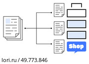 Multiple documents connected to different stages and elements by lines. Displays pathways leading to folders and a shopping sign. Ideal for business, e-commerce, workflow diagrams, organization. Document Workflow System with Connection to Shopping Platform Concept. Стоковая иллюстрация, агентство Ingram Publishing / Фотобанк Лори