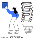 Woman pressing a calculator, stack of coins, shopping cart. Ideal for finance, budgeting, shopping, economics, saving money. Cartoon style. Woman Using Calculator for Shopping and Budgeting with Stack of Coins and Shopping Cart. Стоковая иллюстрация, агентство Ingram Publishing / Фотобанк Лори