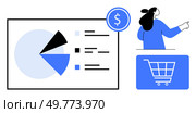 Woman pointing at a pie chart, dollar symbol, and shopping cart icon. Ideal for business analytics, marketing, financial reports, e-commerce, and data visualization. Simple, modern vector style. Business Presentation with Pie Chart, Dollar Symbol, and Shopping Cart. Стоковая иллюстрация, агентство Ingram Publishing / Фотобанк Лори