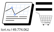 Graph with data points indicating sales trends. Shopping cart icon represents an ecommerce theme. Ideal for business analysis, sales forecasting, ecommerce, marketing strategies, and financial. Ecommerce Data Analytics Sales Trends and Shopping Cart Statistics. Стоковая иллюстрация, агентство Ingram Publishing / Фотобанк Лори
