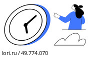 A simple illustration depicts a clock, a woman pointing, and a cloud. Ideal for scheduling, time management, punctuality, productivity, reminders. Clean lines with blue accents. Minimalistic Design of a Woman Pointing at a Large Clock with Cloud. Стоковая иллюстрация, агентство Ingram Publishing / Фотобанк Лори