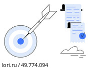 Diagram of a dart hitting the bullseye, checklist on paper with cloud. Ideal for ambition, goal-setting, productivity, planning, achievement. Clean and modern style. Achieving Goals and Meeting Targets with Precise Planning. Стоковая иллюстрация, агентство Ingram Publishing / Фотобанк Лори
