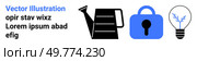 Design includes a black watering can in the center with a blue padlock and a light bulb with a tree inside it on either side. Ideal for security, innovation, growth, sustainability, education. Vector Design Featuring Watering Can Padlock and Light Bulb Icons. Стоковая иллюстрация, агентство Ingram Publishing / Фотобанк Лори