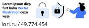 A person in a blue top pointing at a padlock and a shield with a lock. Ideal for cybersecurity, online safety, privacy protection, data security, digital security. Landing page. Person Pointing at Security Elements such as Padlock and Shield with Lock. Стоковая иллюстрация, агентство Ingram Publishing / Фотобанк Лори