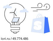 Light bulb housing a wind turbine and solar panel, clouds, breeze symbol and a shopping bag with letter S. Ideal for renewable energy, sustainability, eco-friendly shopping, clean technology, green. Renewable Energy and Sustainable Shopping Symbolized by Light Bulb, Solar Panel, Wind Turbine, and Shopping Bag. Стоковая иллюстрация, агентство Ingram Publishing / Фотобанк Лори