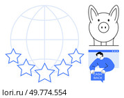 Large globe and five stars symbolizing global ratings. Piggy bank signifies savings and a person with a cashback coupon. Ideal for savings, marketing, e-commerce, finance, customer rewards. Simple. Global Ratings Concept with Piggy Bank and Cashback Elements. Стоковая иллюстрация, агентство Ingram Publishing / Фотобанк Лори