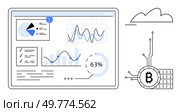 A financial dashboard contains various data analytics. Charts, graphs, percentages with a blockchain symbol connected to the cloud. Ideal for financial data, trading, technology, blockchain, business. Cryptocurrency Financial Dashboard with Data Analytics and Cloud Technology. Стоковая иллюстрация, агентство Ingram Publishing / Фотобанк Лори