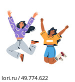 Two joyful people are jumping in mid-air with big smiles. One wears a purple spotty top and pants, and the other sports an orange top and blue shorts. Ideal for happiness positivity celebration. Two Happy People Jumping with Joy in Colorful Outfits. Стоковая иллюстрация, агентство Ingram Publishing / Фотобанк Лори