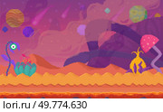 Vibrant alien landscape with whimsical plants and multicolored planets underneath a purple sky. Ideal for science fiction, fantasy worlds, extraterrestrial exploration, gaming environment, creative. Alien Landscape with Unusual Plants and Colorful Celestial Objects Under a Purple Sky. Стоковая иллюстрация, агентство Ingram Publishing / Фотобанк Лори