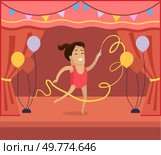 Young gymnast in red leotard performing with a ribbon on a decorated stage. Balloons and bunting hang from the ceiling. Ideal for gymnastics, performances, celebrations, athleticism, dynamic. Young Gymnast Performing with Ribbon on Decorated Stage with Balloons and Bunting. Стоковая иллюстрация, агентство Ingram Publishing / Фотобанк Лори