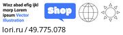 Blue text bubble with the word Shop in white, black outline globe icon, and black outline sun icon with the suns rays. Ideal for e-commerce, online shopping, global market, retail, web design. Banner. Online Shopping Concept with Text Bubble, Globe Icon, and Sun Icon. Стоковая иллюстрация, агентство Ingram Publishing / Фотобанк Лори