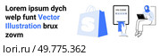 Large shopping bag icon, person holding a tablet with HS CODE screen, woman using a laptop. Ideal for ecommerce, online transactions, digital shopping, technology integration, web design. Landing. Online Shopping Concept with HS Code Tablet Usage and Laptop User in Minimalist Design. Стоковая иллюстрация, агентство Ingram Publishing / Фотобанк Лори