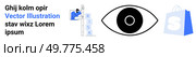 Large central eye with ladder labelled RISK and small figure climbing, adjacent text, and shopping bag. Ideal for business, precaution, vision, e-commerce, branding. Landing page. Eye in the Center with Text, Risk Ladder, and Shopping Bag. Стоковая иллюстрация, агентство Ingram Publishing / Фотобанк Лори