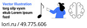 Woman pointing at a black music note with brain sketch in background Ideal for themes such as creativity neuroscience music education mental health and mind. Banner for landing page. Woman Pointing at Music Note Next to a Brain Sketch. Стоковая иллюстрация, агентство Ingram Publishing / Фотобанк Лори