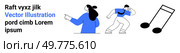 Two characters in dynamic poses appear to be dancing alongside a prominent musical note. Ideal for creativity, music, dance, modern design, youthful energy. Banner for landing page. Creative Vector Illustration Featuring Characters Dancing and Large Musical Note. Стоковая иллюстрация, агентство Ingram Publishing / Фотобанк Лори