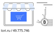 Online storefront depicted with a blue shopping cart icon and a Bitcoin symbol connected to circuitry. Ideal for e-commerce, cryptocurrency, blockchain, digital payments, fintech, online shopping. Online Storefront with Bitcoin Integration for E-Commerce and Cryptocurrency Transactions. Стоковая иллюстрация, агентство Ingram Publishing / Фотобанк Лори