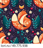 This enchanting illustration features a whimsical forest scene filled with adorable foxes and lush foliage. The foxes are depicted with intricate floral patterns, adding a touch of magic to the scene. The background is a deep purple, creating a starry night sky effect. The overall atmosphere is one of wonder and tranquility.. Magical Forest Foxes, seamless pattern. Стоковое фото, агентство Ingram Publishing / Фотобанк Лори