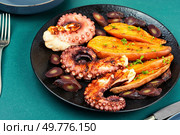 Succulent grilled octopus plated with baked sweet potato. Seafood.. Grilled octopus with vegetables. Стоковое фото, агентство Ingram Publishing / Фотобанк Лори