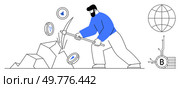 A man in blue shirt mines cryptocurrency coins using a pickaxe. Coins with cryptocurrency logos scatter around. Ideal for digital currency, technology, blockchain, investing, fintech. Minimalist. Digital Mining of Cryptocurrency Depicted by a Miner Using a Pickaxe. Стоковая иллюстрация, агентство Ingram Publishing / Фотобанк Лори