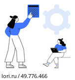 Businesswoman using a large calculator and colleague working on a laptop, large gear symbol in the background. Ideal for business, technology, teamwork, productivity, office work, financial. Businesswoman Utilizing Large Calculator and Colleague Working on Laptop in Tech-Oriented Setting. Стоковая иллюстрация, агентство Ingram Publishing / Фотобанк Лори