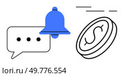 Speech bubble with ellipsis, blue ring bell, coin with dollar symbol, and motion lines. Ideal for banking alerts, financial updates, business communication, notifications, customer service, digital. Notification Bell, Chat Bubble, and Dollar Coin - Communication and Financial Alert Symbols. Стоковая иллюстрация, агентство Ingram Publishing / Фотобанк Лори