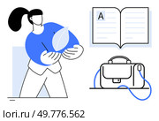 Woman with black hair holding leaf, open book with letter A, and satchel. Ideal for education, sustainability, learning, environmental studies, academia, literacy, personal development. Line metaphor. Woman Holding Leaf, Open Book with Letter, and Satchel Illustrating Education and Sustainability. Стоковая иллюстрация, агентство Ingram Publishing / Фотобанк Лори