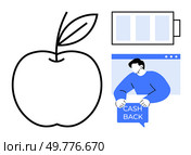 A simple apple outline, a charging battery icon, and a person holding a cashback sign. Ideal for health, technology, finance, eco-friendliness, sustainable living. Clean, minimal, modern. Balance Between Health and Technology with Focus on Financial Rewards and Sustainability. Стоковая иллюстрация, агентство Ingram Publishing / Фотобанк Лори