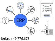 ERP module at center with finance, personnel, analytics, manufacturing, security, and tools icons connected. Calendar with Monthly Subscribe. Ideal for business management, resource planning. Comprehensive ERP System with Key Modules and Subscription Model Highlighted. Стоковая иллюстрация, агентство Ingram Publishing / Фотобанк Лори